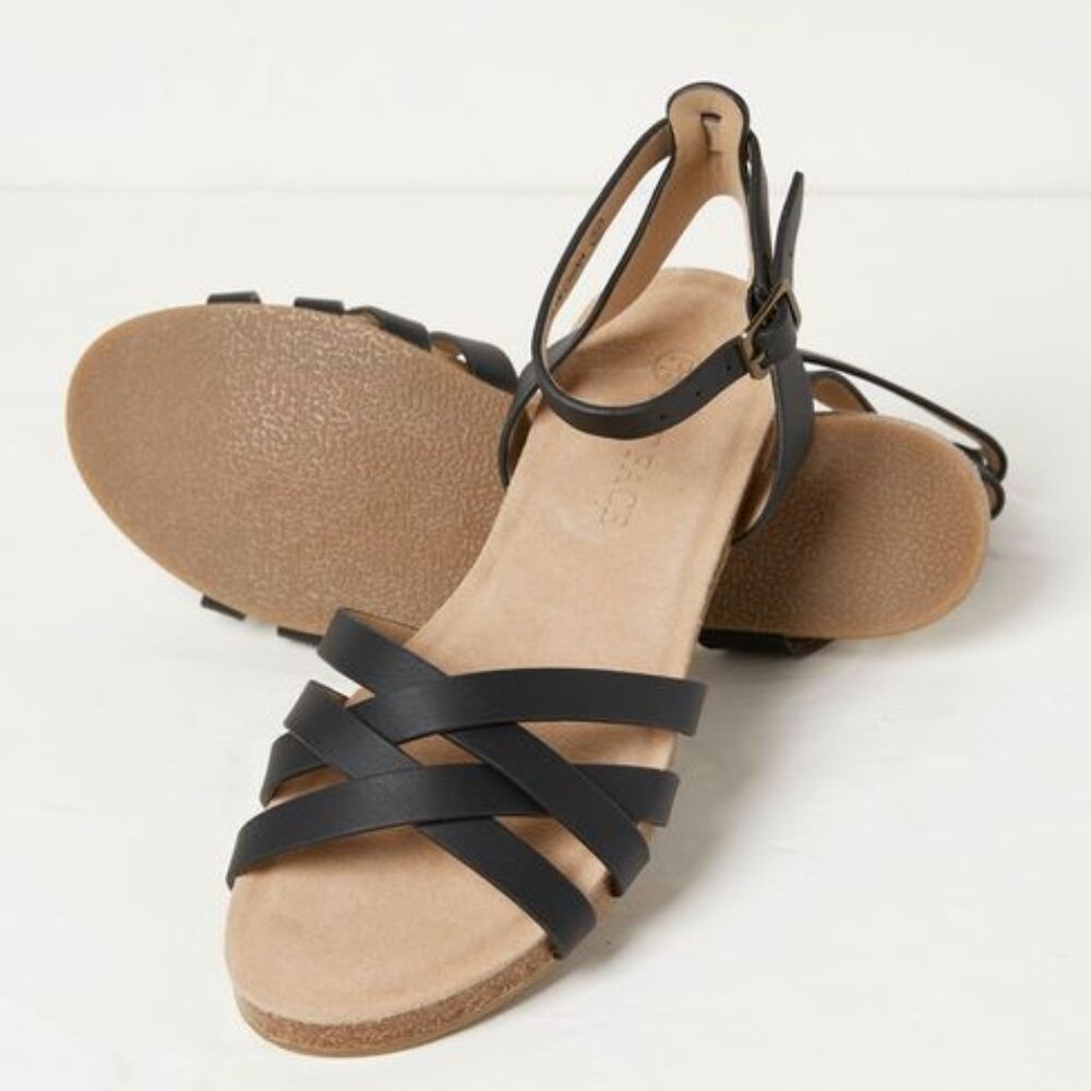 Fat Face Womens Beth Leather Ankle Strap Flat Strappy Sandals Shoes US 8 black